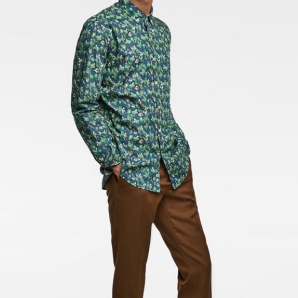 Zara men green printed poplin long sleeve‎ button down shirt